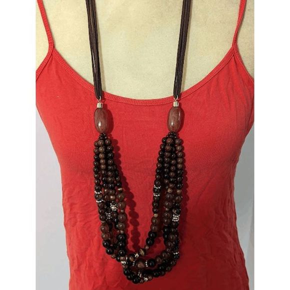 NWT Chico's "Kiona" 38" gold dark honey tone beaded necklace faux leather cord - Picture 3 of 3